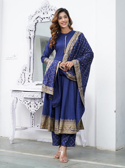 Blue Mandarin Collar Ethnic Motifs Printed Regular Kurta with Trousers & With Dupatta Set