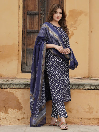 Women Navy Blue Geometric Straight Kurta Pant and Dupatta Set