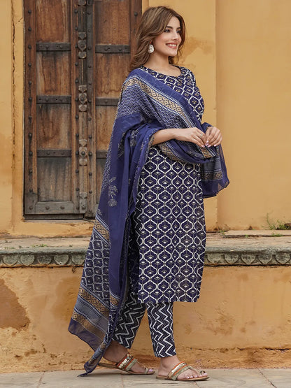 Women Navy Blue Geometric Straight Kurta Pant and Dupatta Set