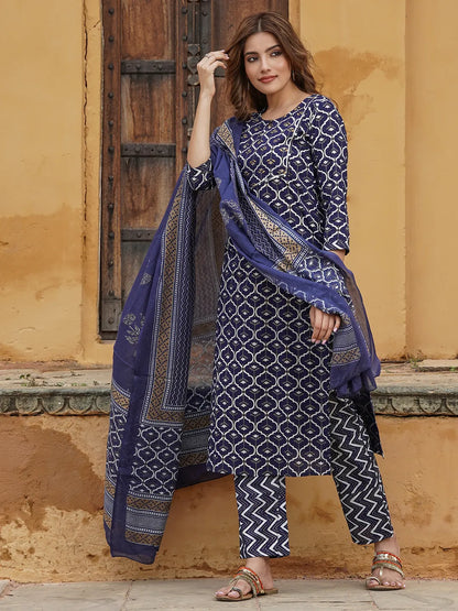 Women Navy Blue Geometric Straight Kurta Pant and Dupatta Set