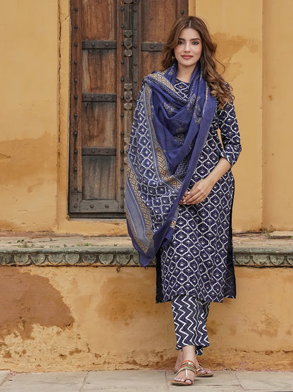 Women Navy Blue Geometric Straight Kurta Pant and Dupatta Set