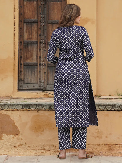 Women Navy Blue Geometric Straight Kurta Pant and Dupatta Set