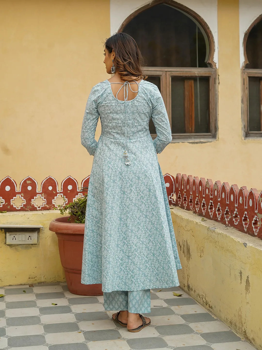 Women Light Blue Floral Anarkali Kurta Pant and Dupatta Set