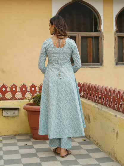 Women Light Blue Floral Anarkali Kurta Pant and Dupatta Set