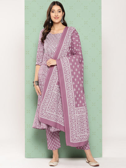 Women Mauve Floral Anarkali Kurta Pant and Dupatta Set