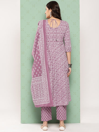 Women Mauve Floral Anarkali Kurta Pant and Dupatta Set