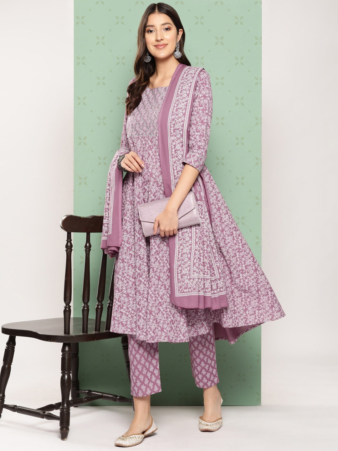 Women Mauve Floral Anarkali Kurta Pant and Dupatta Set