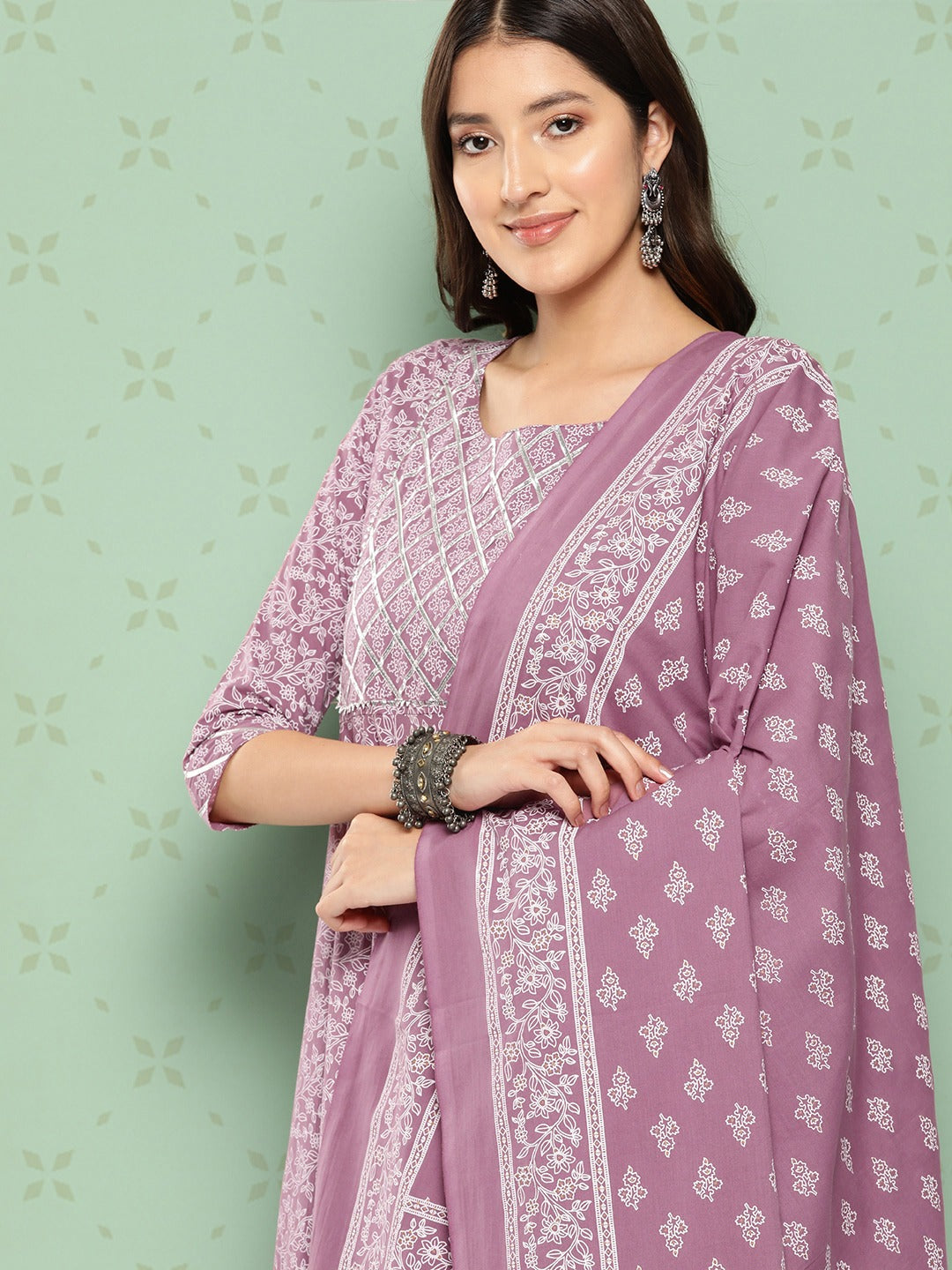 Women Mauve Floral Anarkali Kurta Pant and Dupatta Set