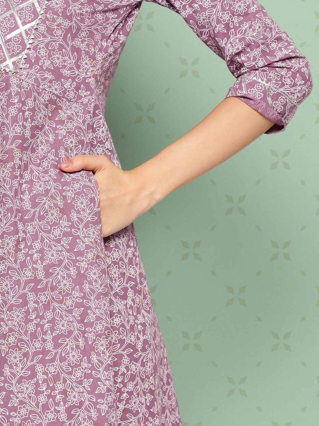 Women Mauve Floral Anarkali Kurta Pant and Dupatta Set