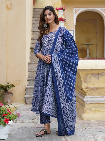 Women Blue Floral Anarkali Kurta Pant and Dupatta Set