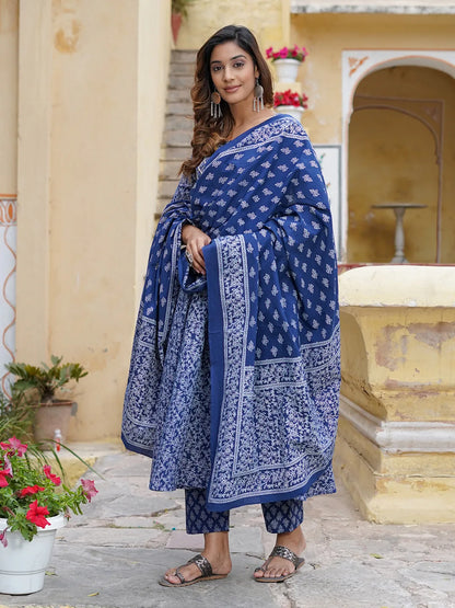 Women Blue Floral Anarkali Kurta Pant and Dupatta Set