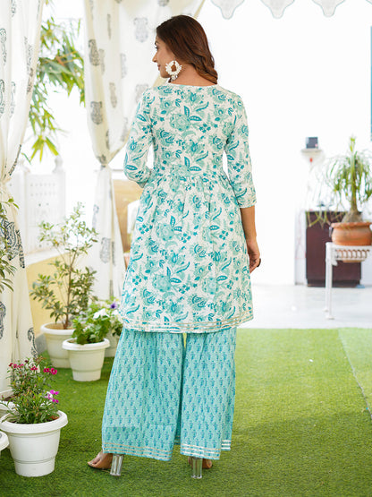 Turquoise blue leaf print Anarkali Kurta Pant and Dupatta Set