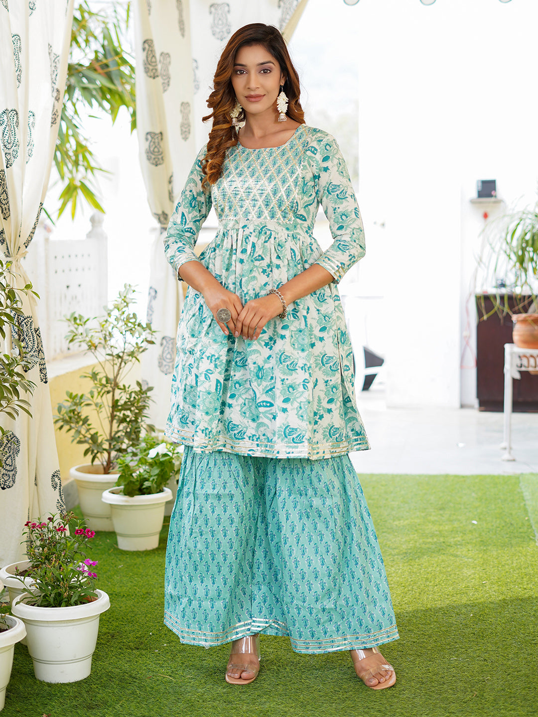 Turquoise blue leaf print Anarkali Kurta Pant and Dupatta Set