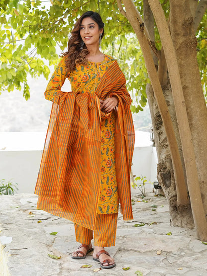 Mustard yellow, orange and green printed Kurta with Trousers & dupatta