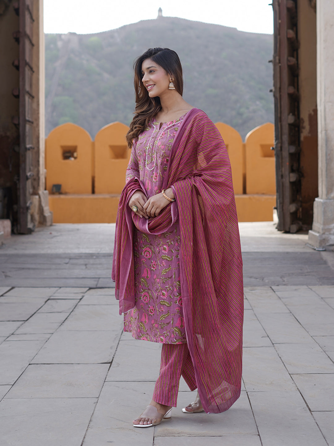 Mauve printed Kurta with Trousers & dupatta