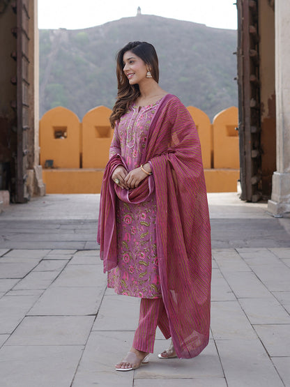 Mauve printed Kurta with Trousers & dupatta