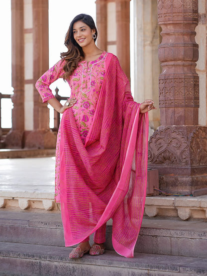 Pink Printed Kurta with Trousers & dupatta