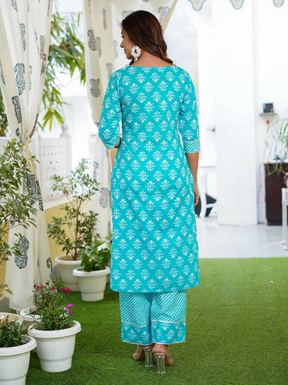 Women Turquoise Foli Print Straight Kurta Pant and Dupatta Set