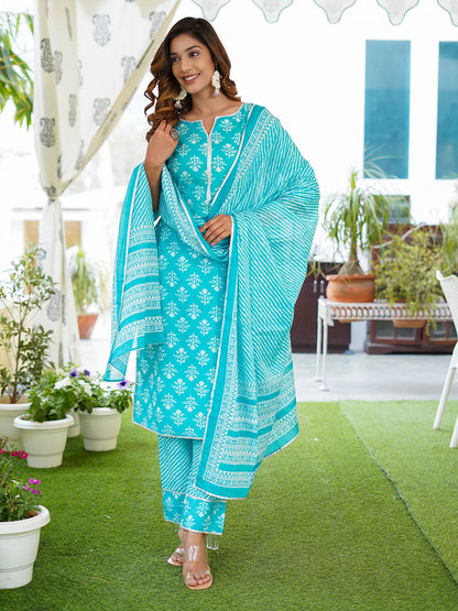 Women Turquoise Foli Print Straight Kurta Pant and Dupatta Set
