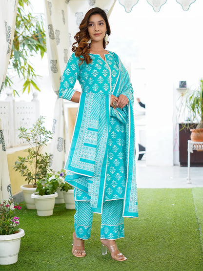 Women Turquoise Foli Print Straight Kurta Pant and Dupatta Set