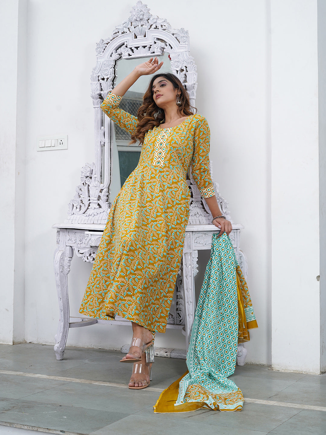 Women Mustard Foli Print Anarkali Kurta Pant and Dupatta Set