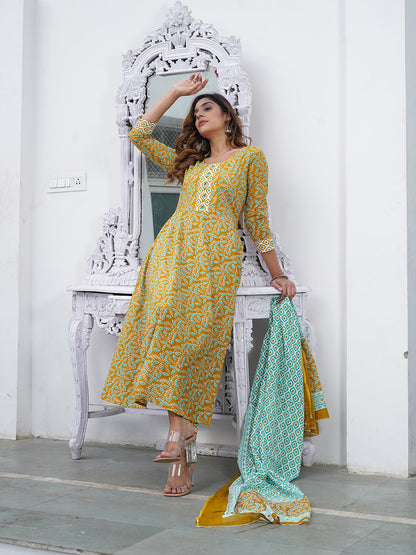 Women Mustard Foli Print Anarkali Kurta Pant and Dupatta Set