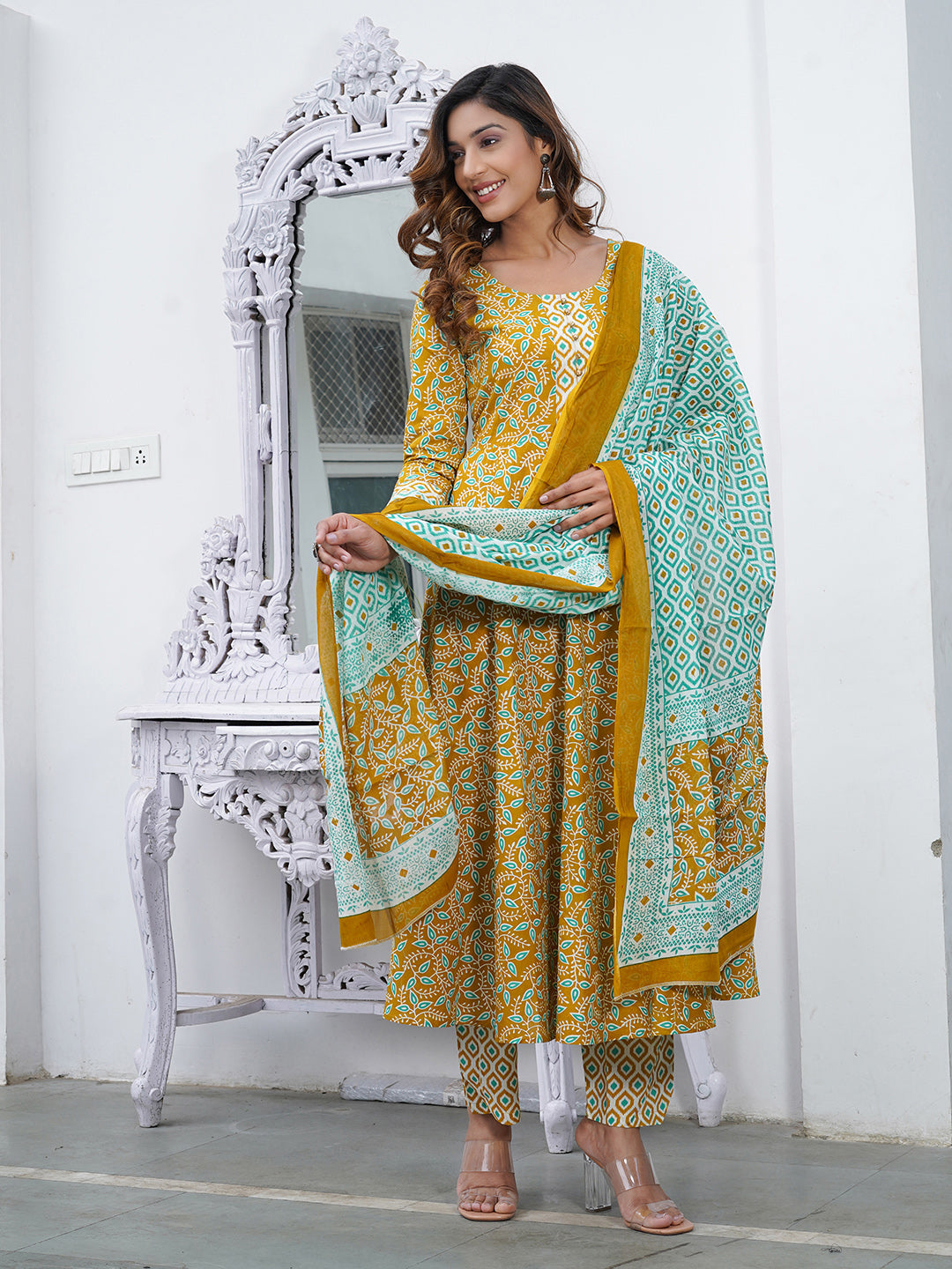 Women Mustard Foli Print Anarkali Kurta Pant and Dupatta Set