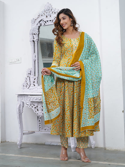 Women Mustard Foli Print Anarkali Kurta Pant and Dupatta Set