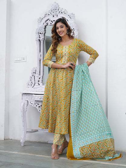 Women Mustard Foli Print Anarkali Kurta Pant and Dupatta Set