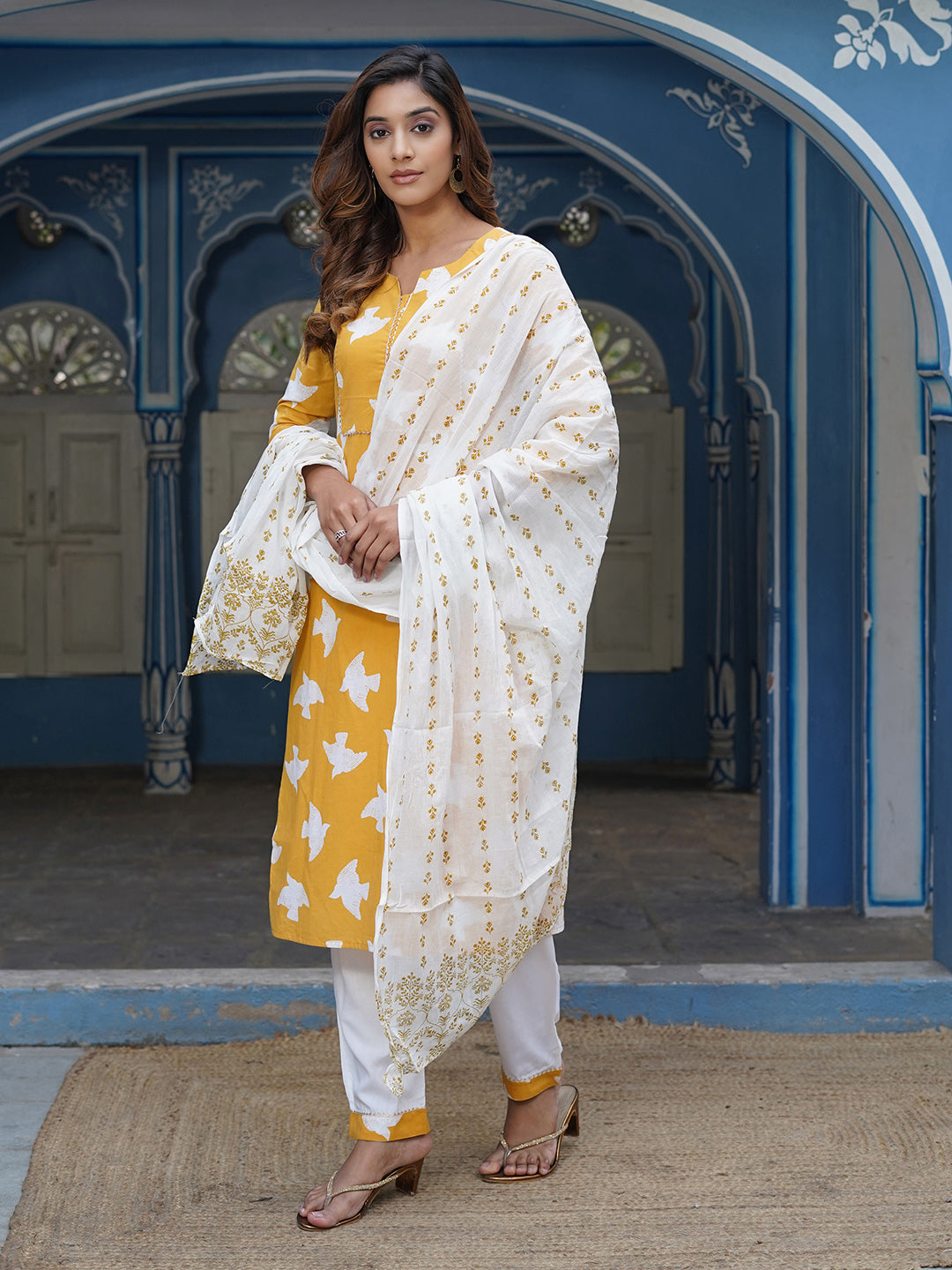 Women Yellow Bird Print Straight Kurta Pant and Dupatta Set