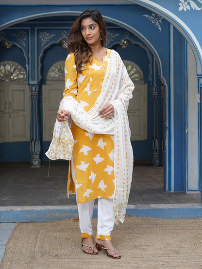Women Yellow Bird Print Straight Kurta Pant and Dupatta Set
