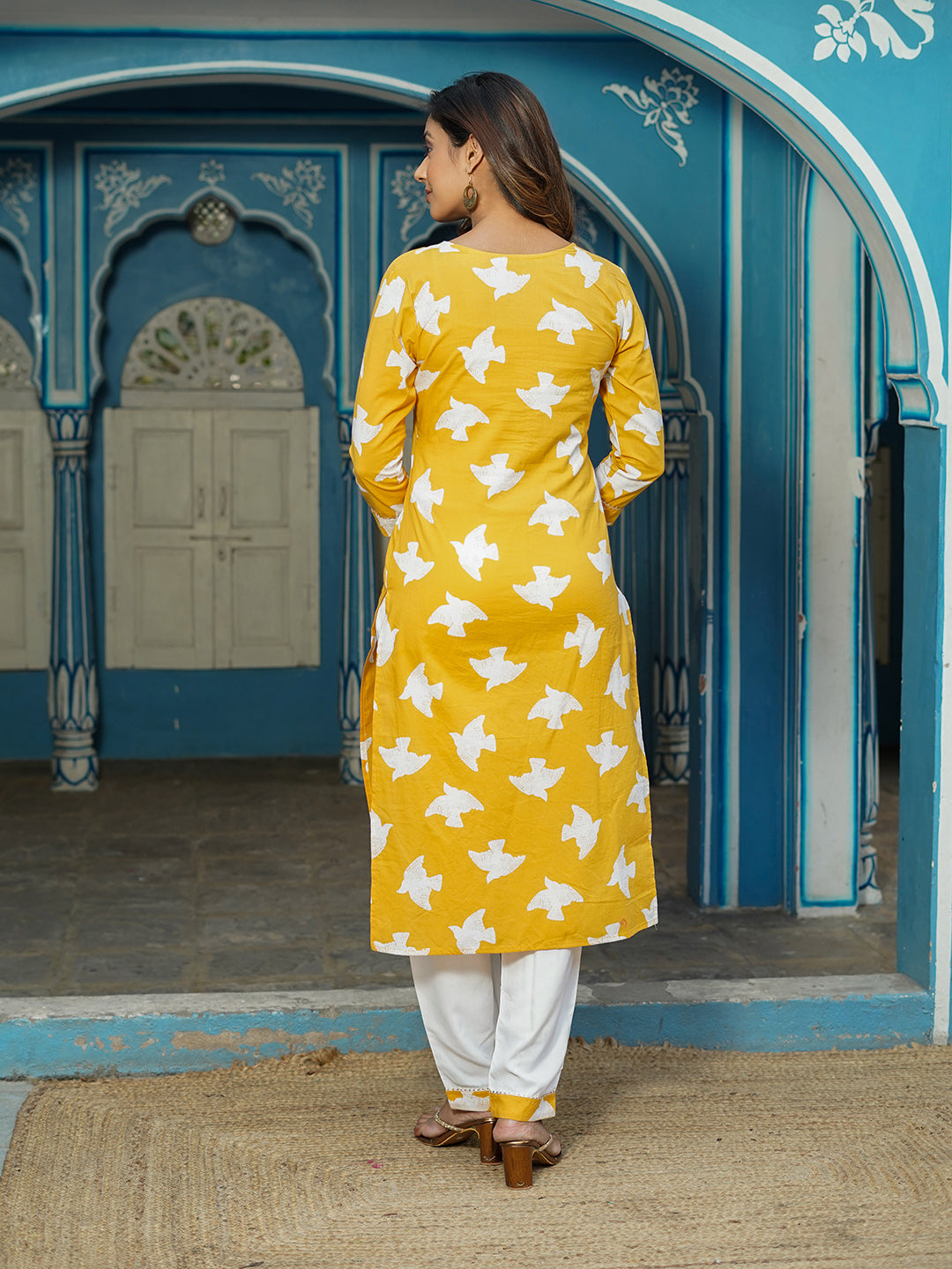 Women Yellow Bird Print Straight Kurta Pant and Dupatta Set