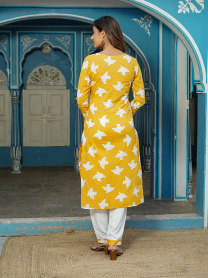 Women Yellow Bird Print Straight Kurta Pant and Dupatta Set