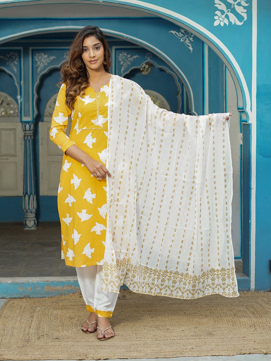Women Yellow Bird Print Straight Kurta Pant and Dupatta Set