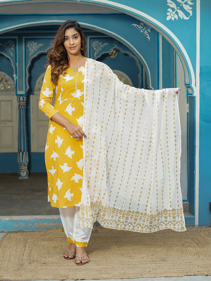 Women Yellow Bird Print Straight Kurta Pant and Dupatta Set