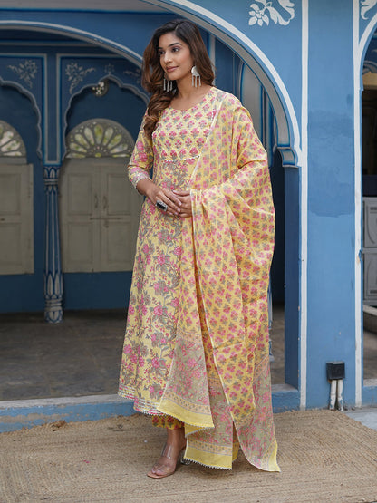 Women Mustard Floral A line Kurta Pant and Dupatta Set