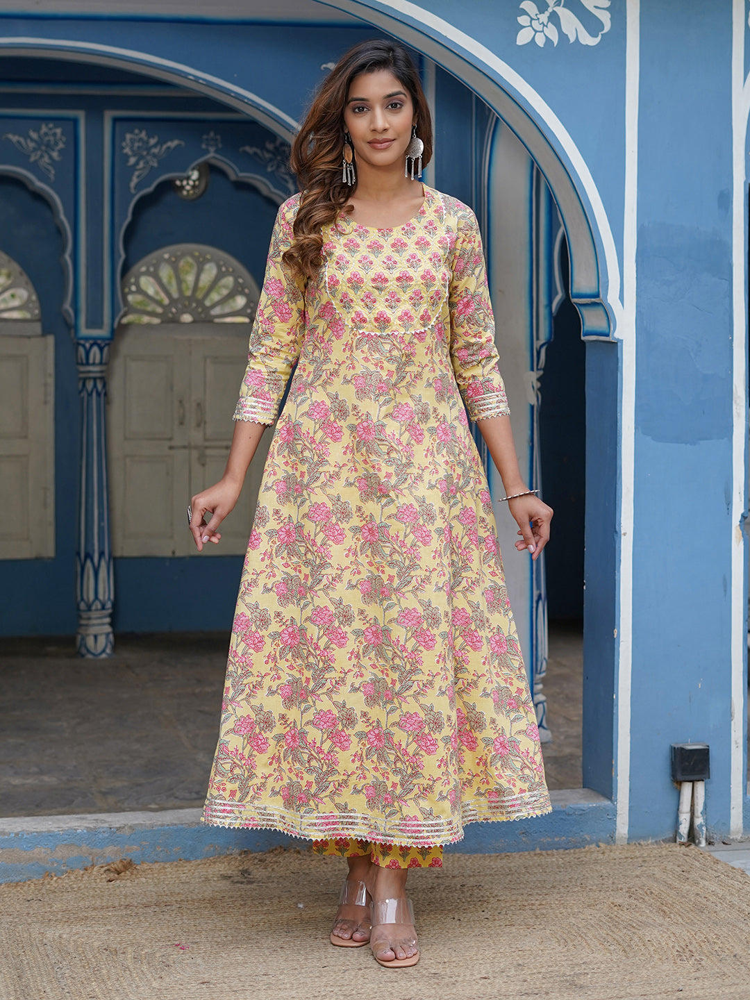 Women Mustard Floral A line Kurta Pant and Dupatta Set