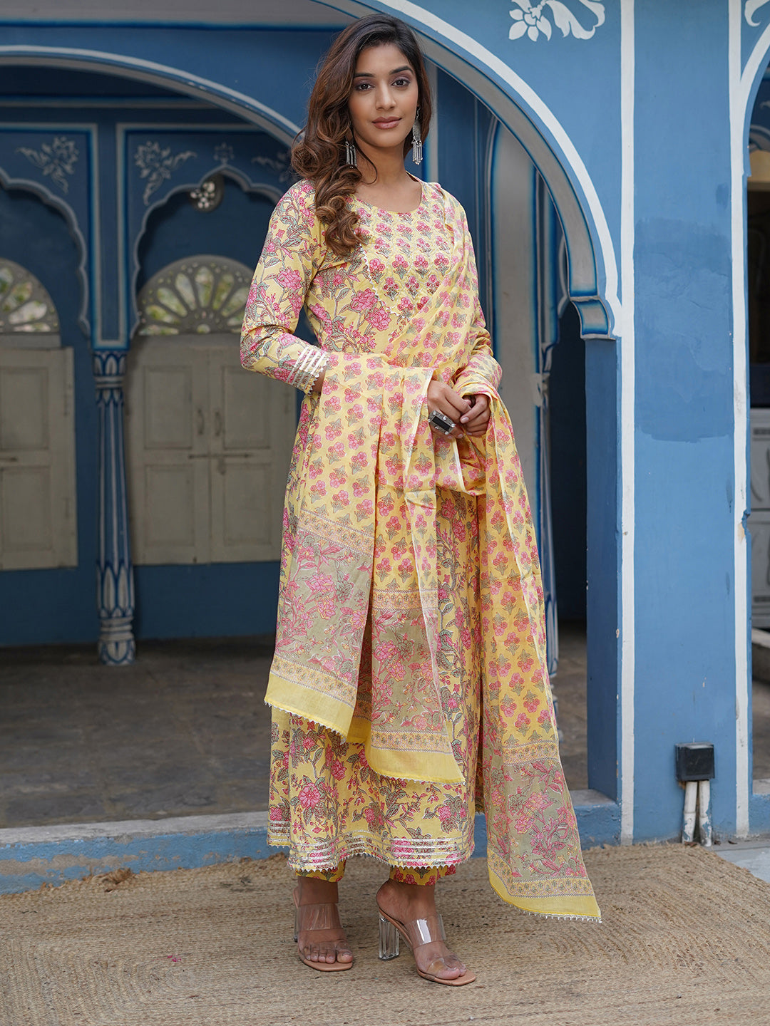 Women Mustard Floral A line Kurta Pant and Dupatta Set