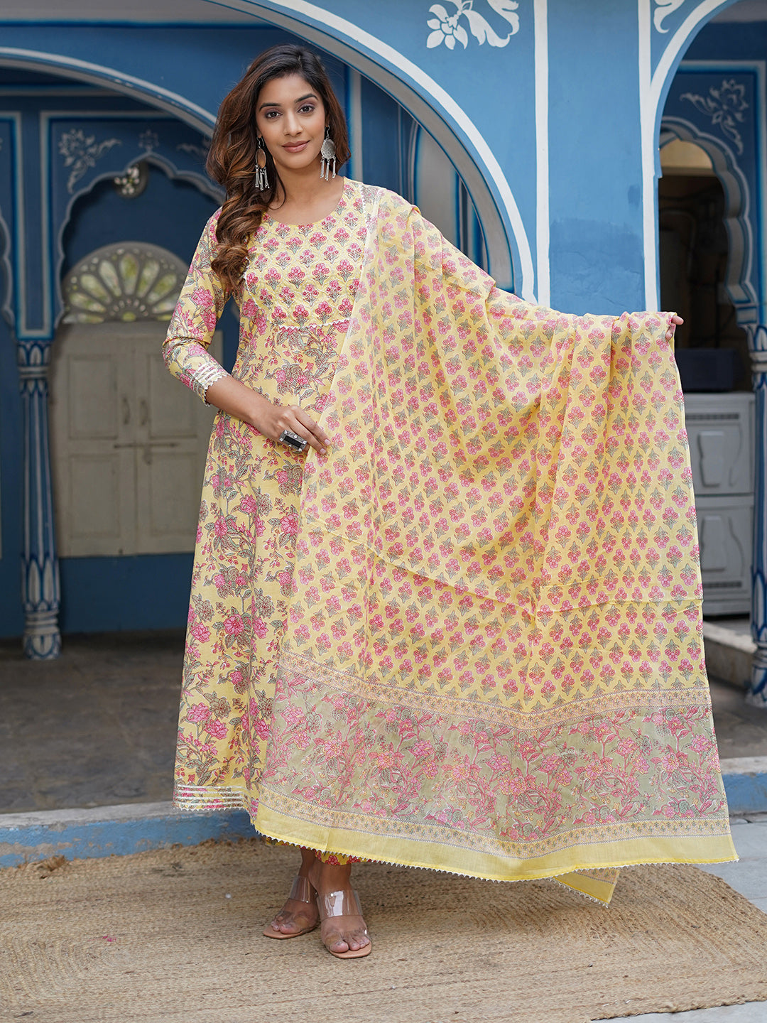Women Mustard Floral A line Kurta Pant and Dupatta Set