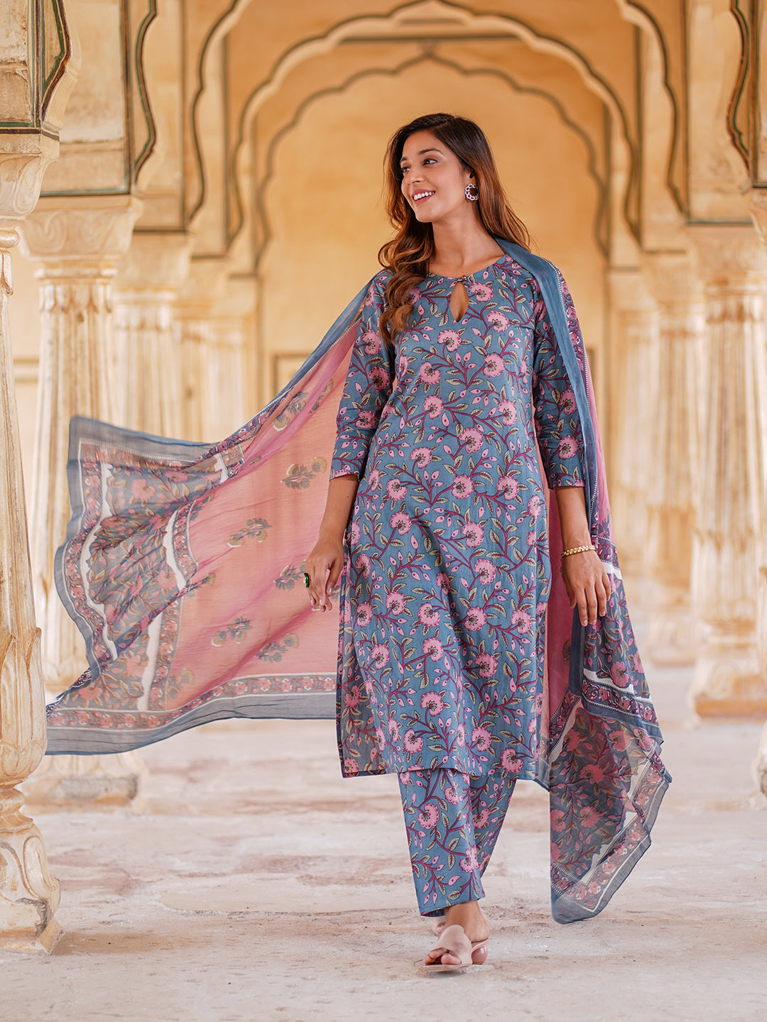 Women Blue Floral Straight Kurta Pant and Dupatta Set