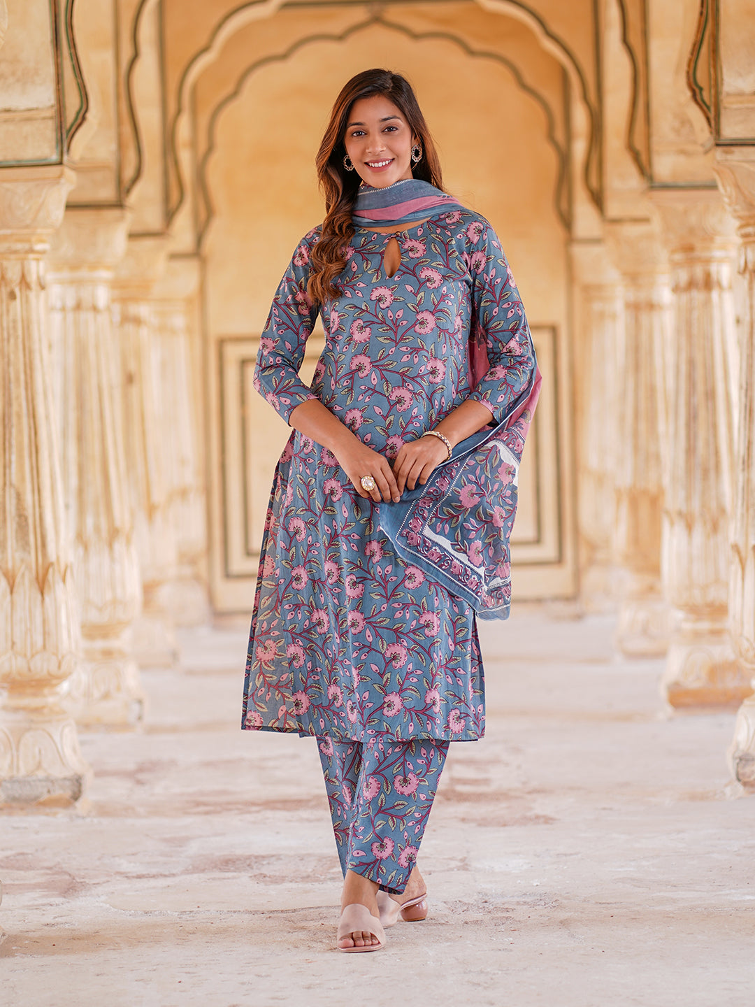 Women Blue Floral Straight Kurta Pant and Dupatta Set