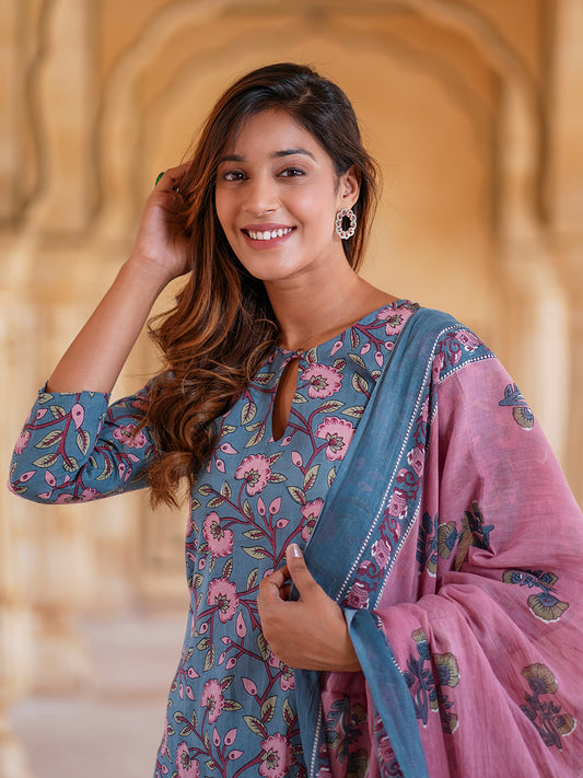 Women Blue Floral Straight Kurta Pant and Dupatta Set