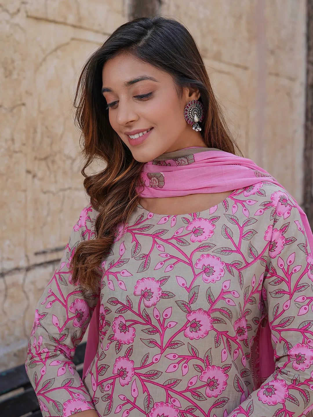 Floral Print Regular Pure Cotton Kurta With Trousers & Dupatta set