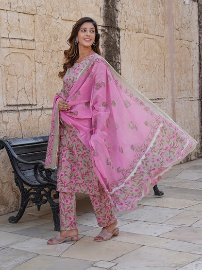 Floral Print Regular Pure Cotton Kurta With Trousers & Dupatta set