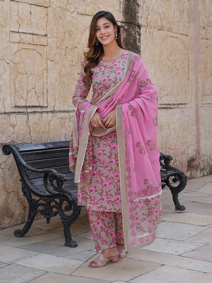Floral Print Regular Pure Cotton Kurta With Trousers & Dupatta set