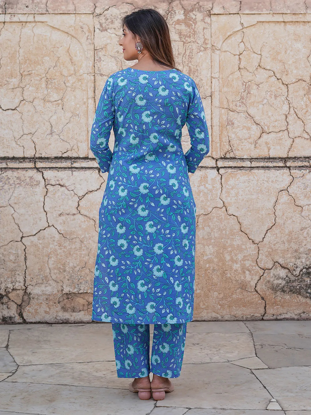 Blue Floral Printed Regular Pure Cotton Kurta with Trousers & Dupatta