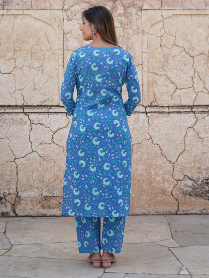 Blue Floral Printed Regular Pure Cotton Kurta with Trousers & Dupatta