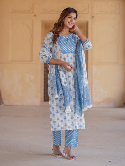 White And Blue Ethnic Motifs Printed Sequined Pure Cotton Kurta with Trousers & Dupatta