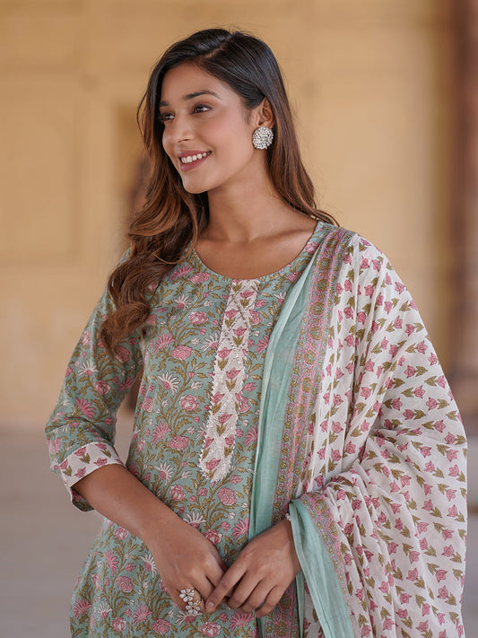 Women Green Floral Straight Kurta Pant and Dupatta Set