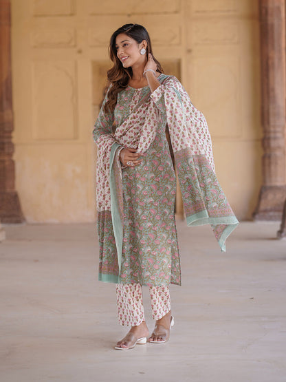 Women Green Floral Straight Kurta Pant and Dupatta Set